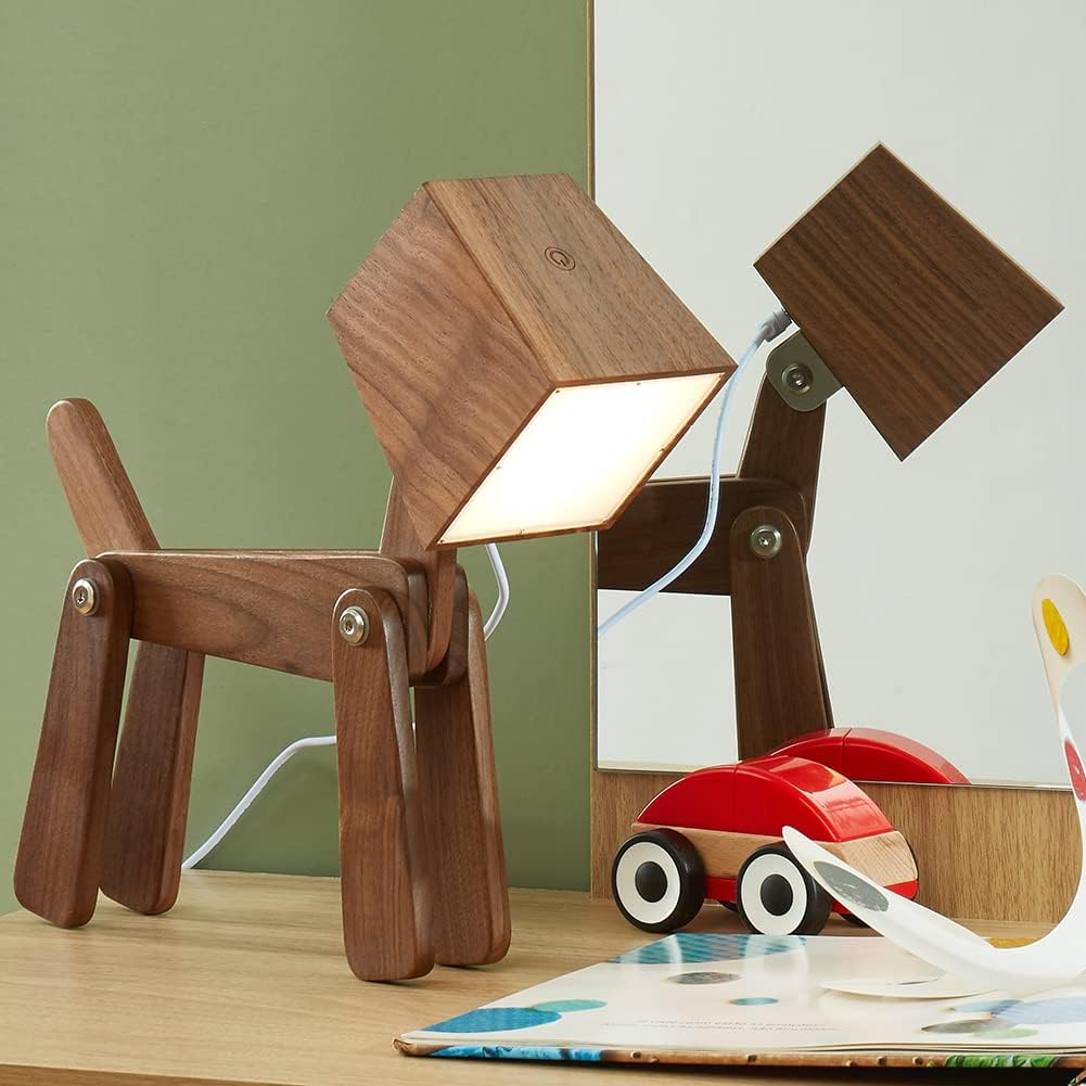 Super Cute Wood Dog Table Lamp for Room Bedroom Bedside, Walnut