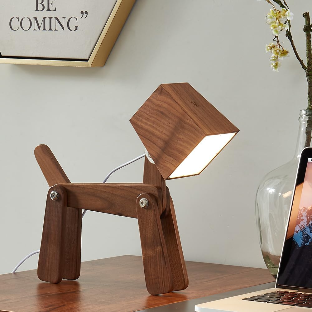 Super Cute Wood Dog Table Lamp for Room Bedroom Bedside, Walnut