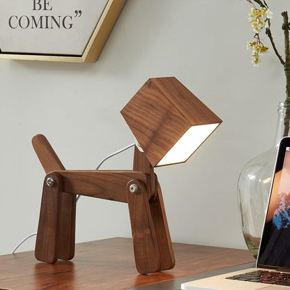 Super Cute Wood Dog Table Lamp for Room Bedroom Bedside, Walnut
