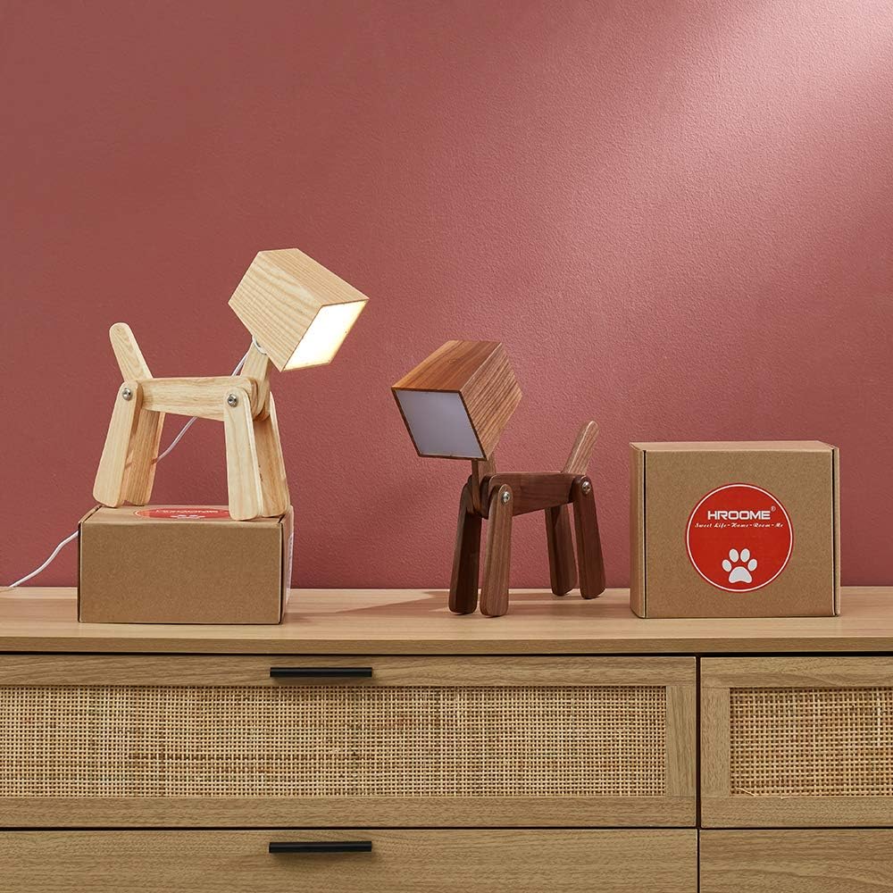 Super Cute Wood Dog Table Lamp for Room Bedroom Bedside, Walnut