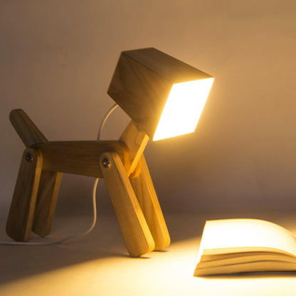 Super Cute Wood Dog Table Lamp for Room Bedroom Bedside, Walnut