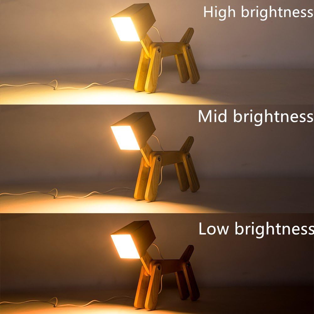 Super Cute Wood Dog Table Lamp for Room Bedroom Bedside, Walnut