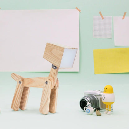 Super Cute Wood Dog Table Lamp for Room Bedroom Bedside, Walnut