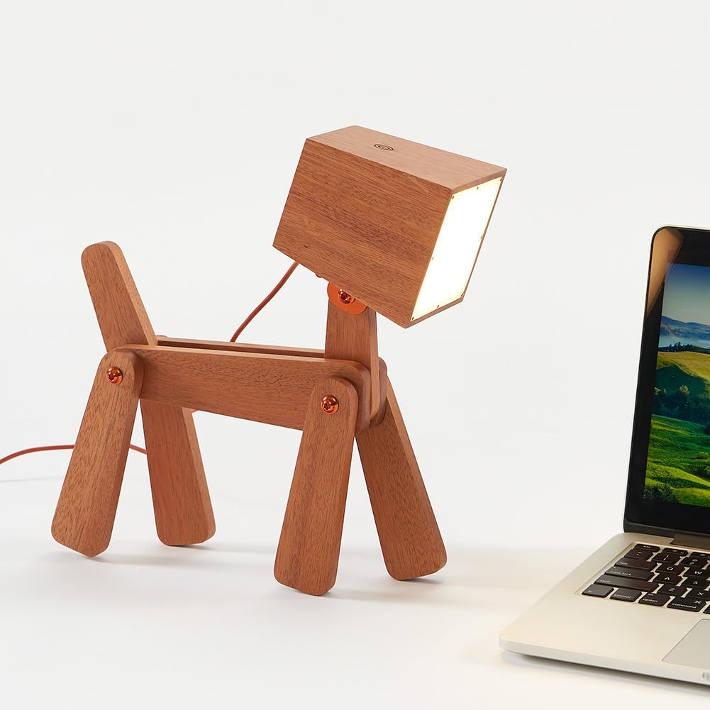Super Cute Wood Dog Table Lamp for Room Bedroom Bedside, Walnut