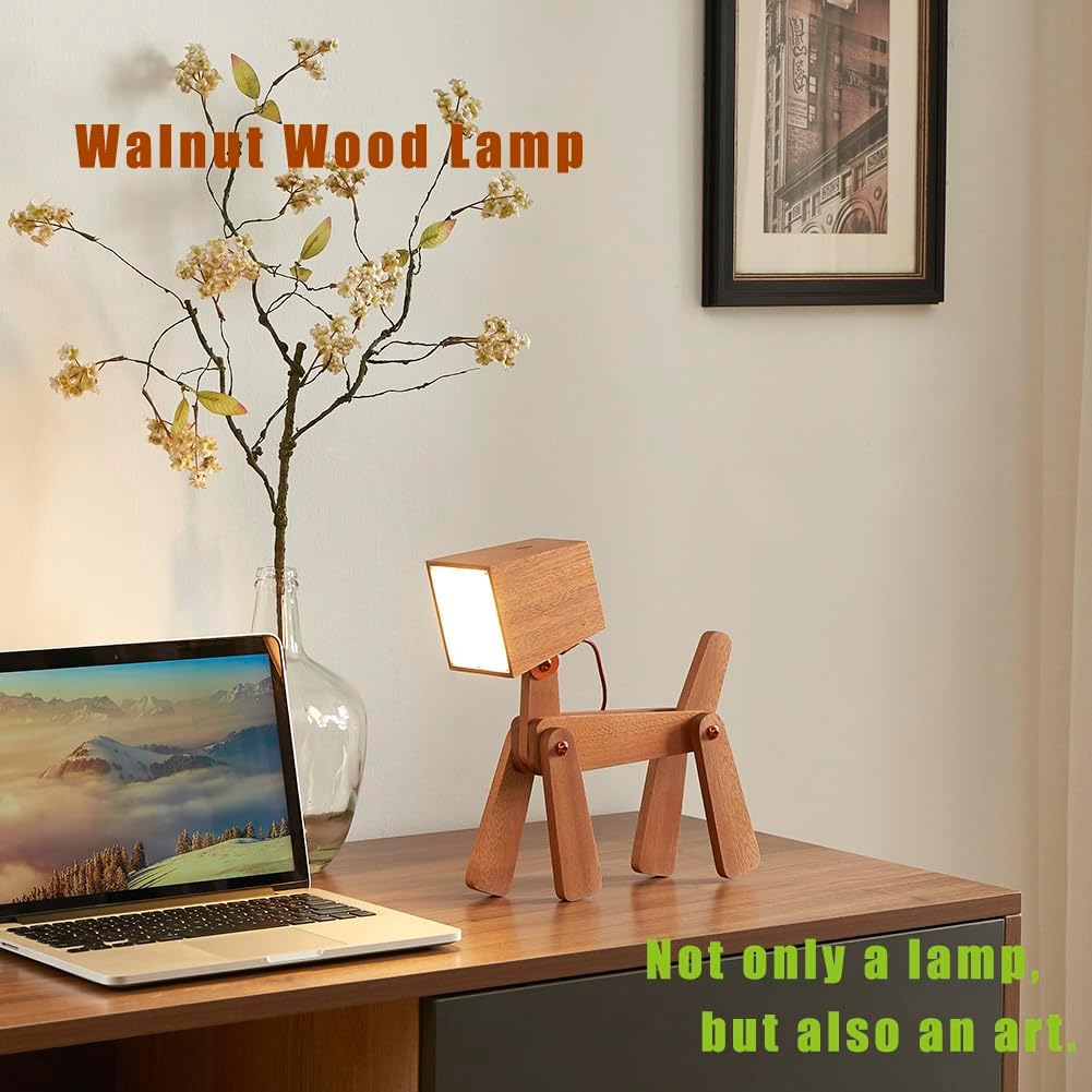 Super Cute Wood Dog Table Lamp for Room Bedroom Bedside, Walnut