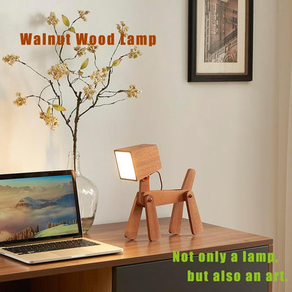 Super Cute Wood Dog Table Lamp for Room Bedroom Bedside, Walnut