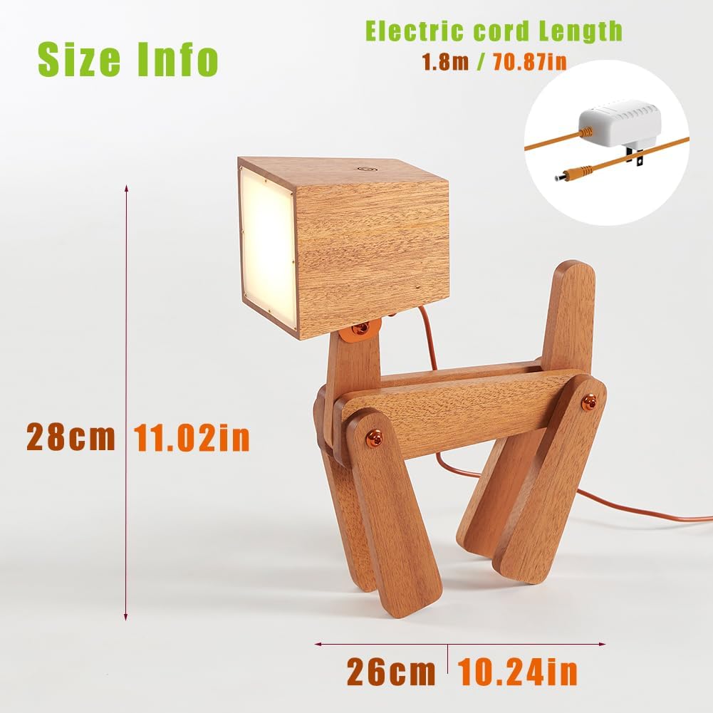 Super Cute Wood Dog Table Lamp for Room Bedroom Bedside, Walnut