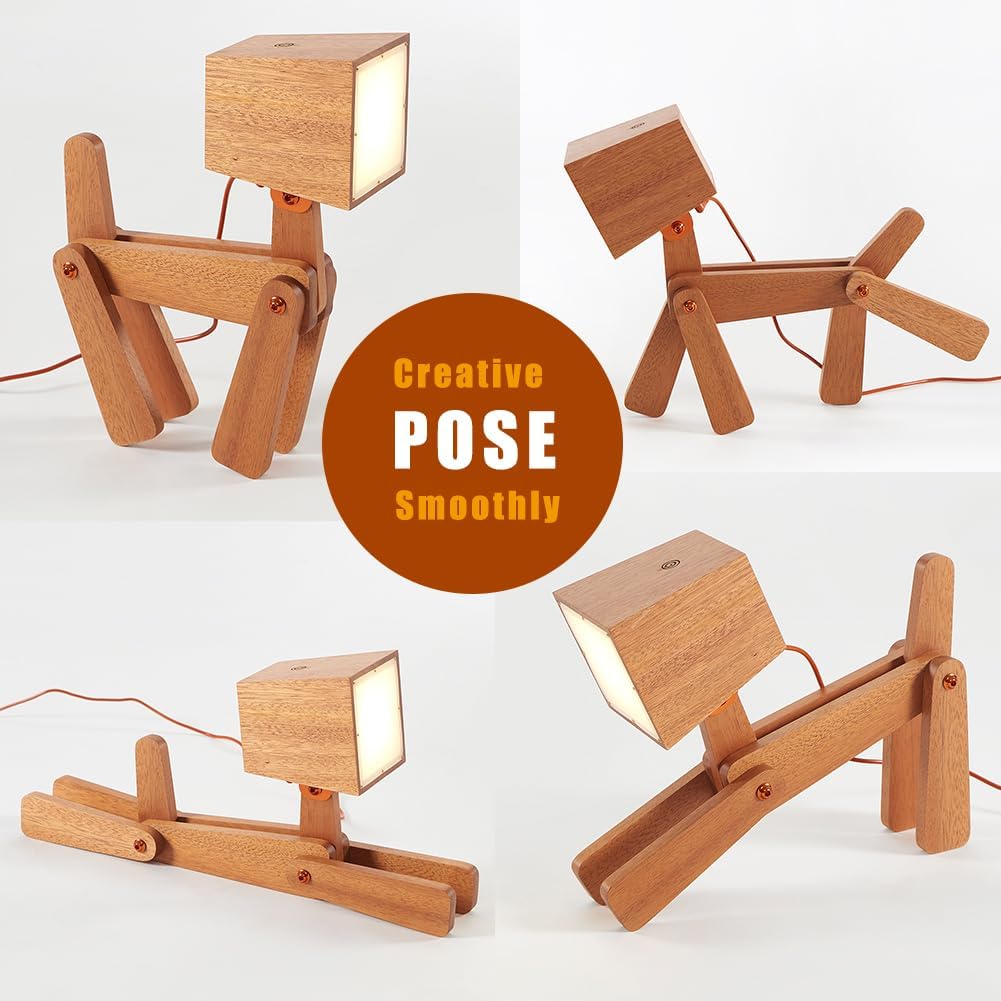 Super Cute Wood Dog Table Lamp for Room Bedroom Bedside, Walnut