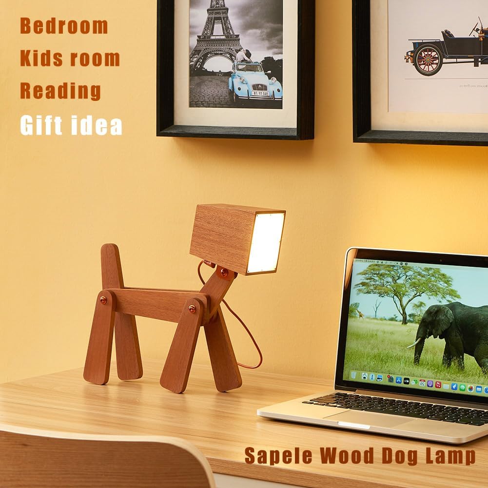 Super Cute Wood Dog Table Lamp for Room Bedroom Bedside, Walnut