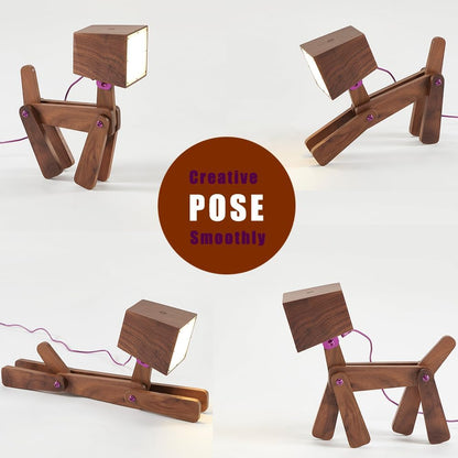 Super Cute Wood Dog Table Lamp for Room Bedroom Bedside, Walnut