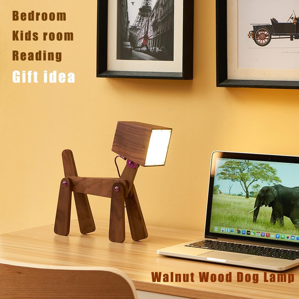 Super Cute Wood Dog Table Lamp for Room Bedroom Bedside, Walnut