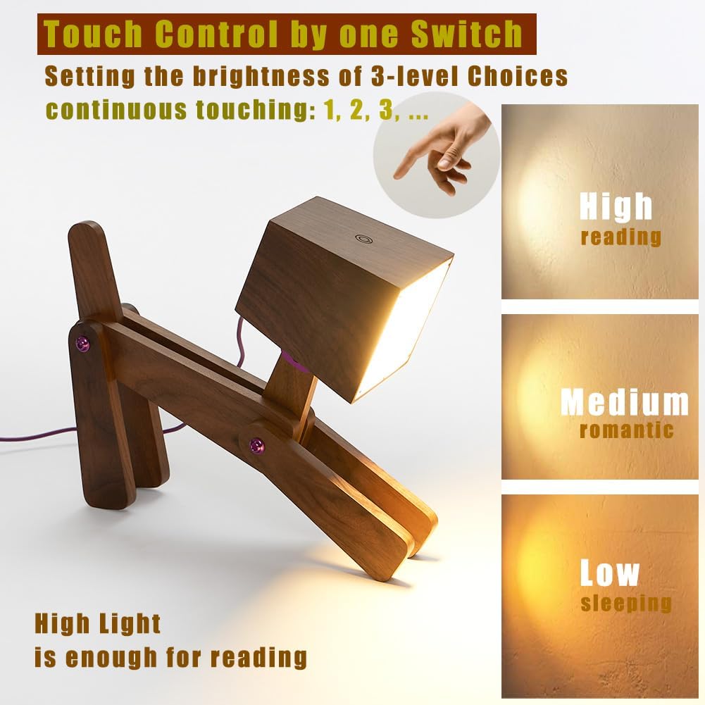 Super Cute Wood Dog Table Lamp for Room Bedroom Bedside, Walnut