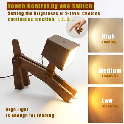 Super Cute Wood Dog Table Lamp for Room Bedroom Bedside, Walnut