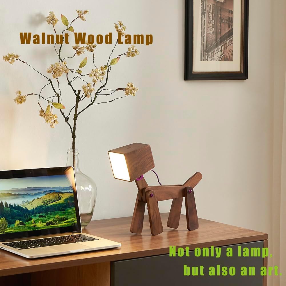 Super Cute Wood Dog Table Lamp for Room Bedroom Bedside, Walnut