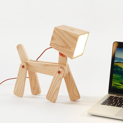 Super Cute Wood Dog Table Lamp for Room Bedroom Bedside, Walnut