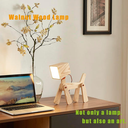 Super Cute Wood Dog Table Lamp for Room Bedroom Bedside, Walnut