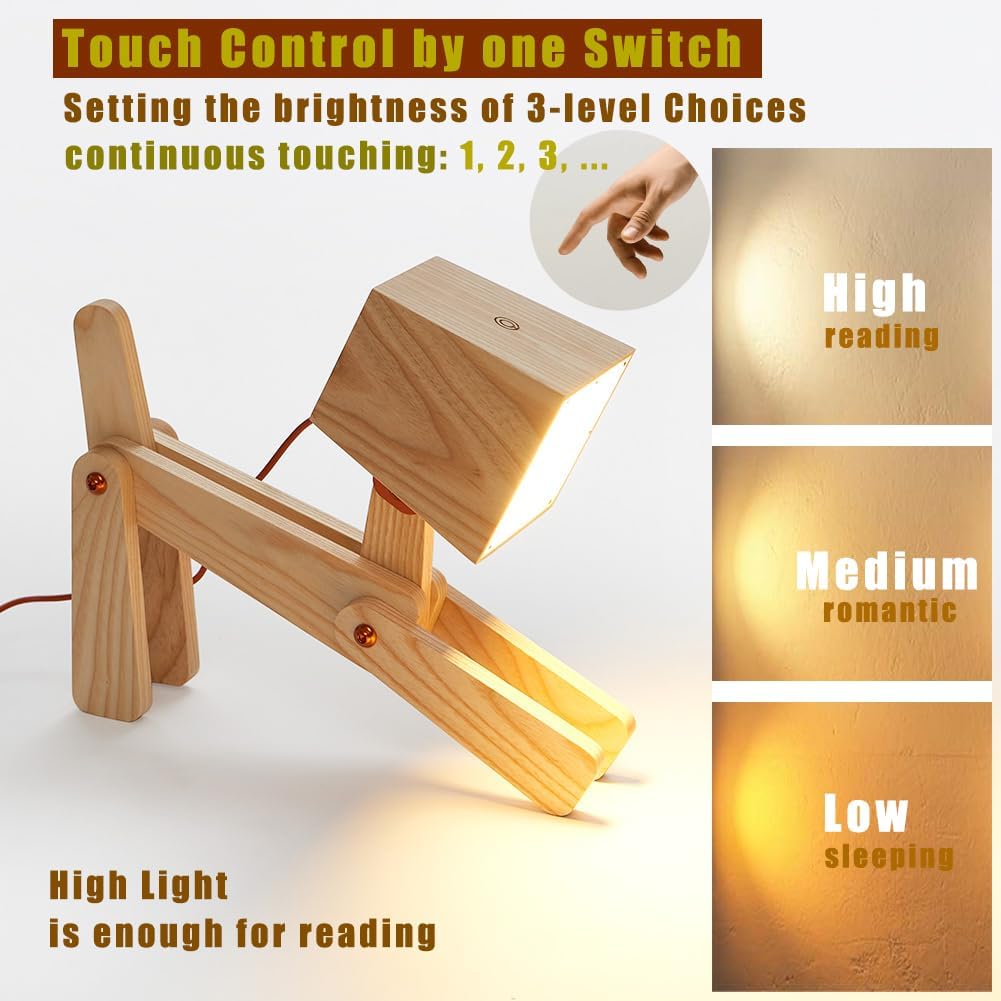 Super Cute Wood Dog Table Lamp for Room Bedroom Bedside, Walnut