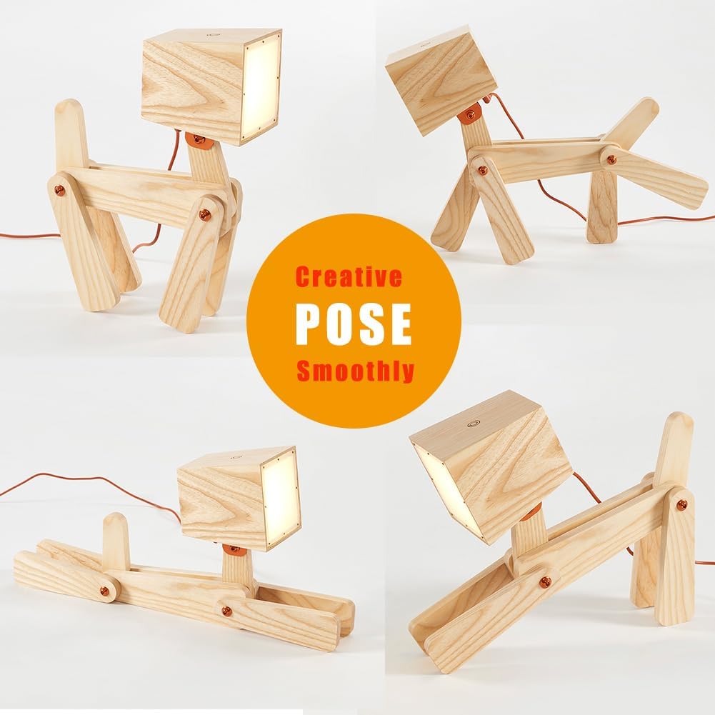 Super Cute Wood Dog Table Lamp for Room Bedroom Bedside, Walnut