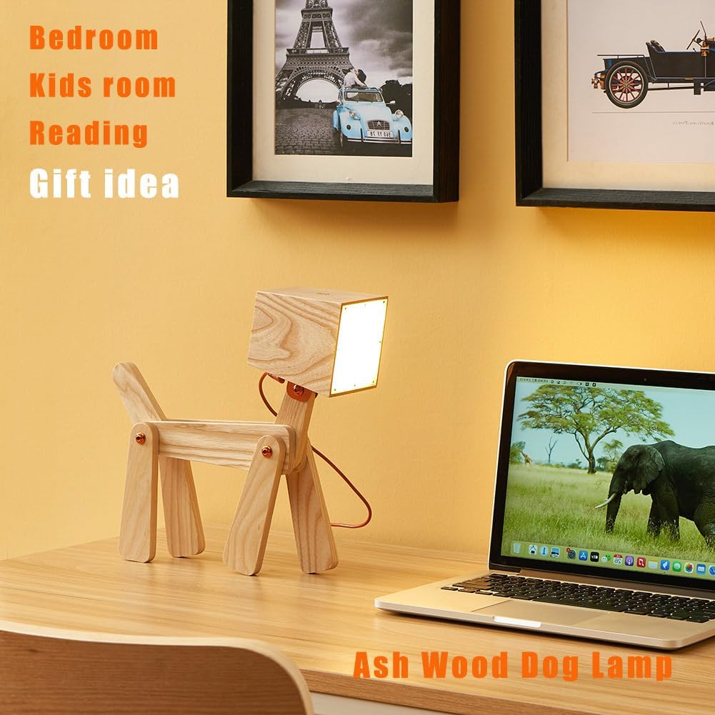 Super Cute Wood Dog Table Lamp for Room Bedroom Bedside, Walnut