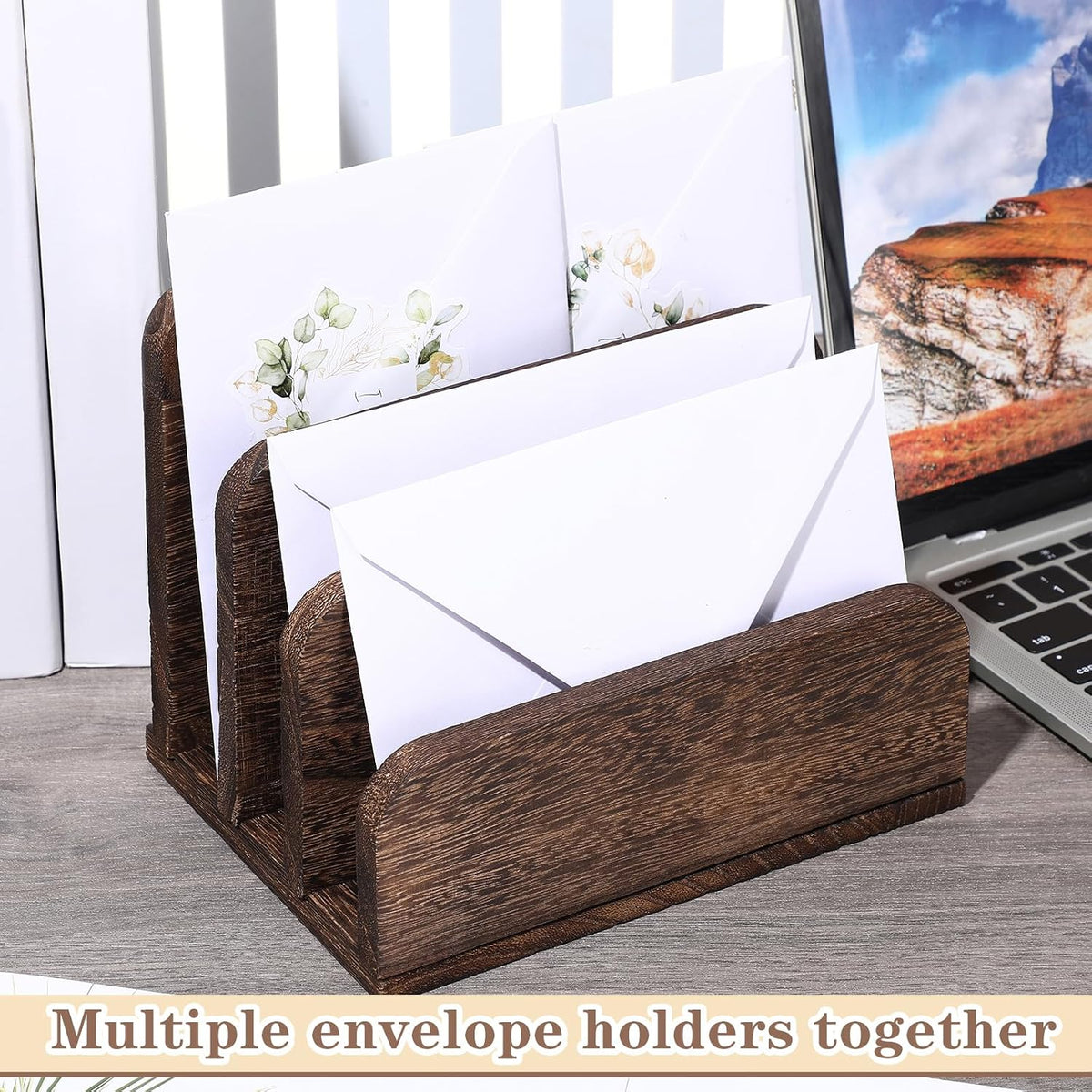 Wooden Mail Organizer 3 Slots Mail Holder, Dark Brown