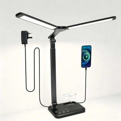 LED Desk Lamp Dual Heads, Dual USB Port, Height Adjustable, 15W