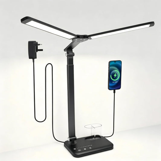 LED Desk Lamp Dual Heads, Dual USB Port, Height Adjustable, 15W