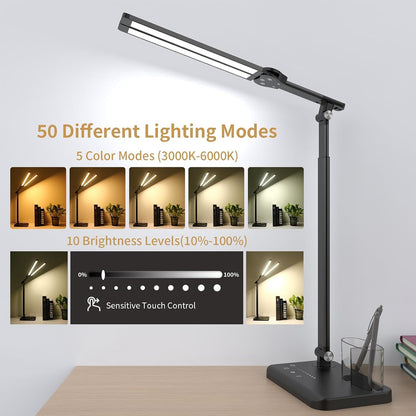LED Desk Lamp Dual Heads, Dual USB Port, Height Adjustable, 15W