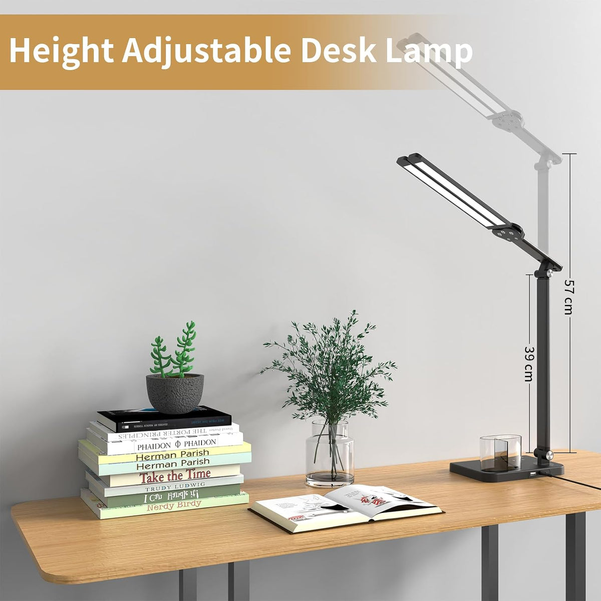 LED Desk Lamp Dual Heads, Dual USB Port, Height Adjustable, 15W