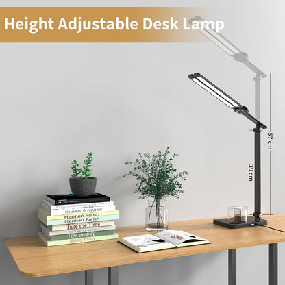 LED Desk Lamp Dual Heads, Dual USB Port, Height Adjustable, 15W