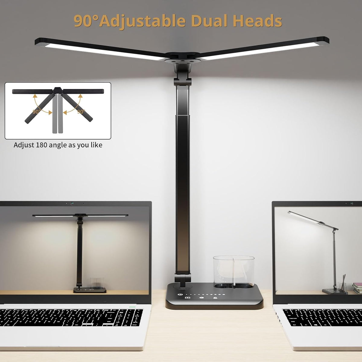 LED Desk Lamp Dual Heads, Dual USB Port, Height Adjustable, 15W