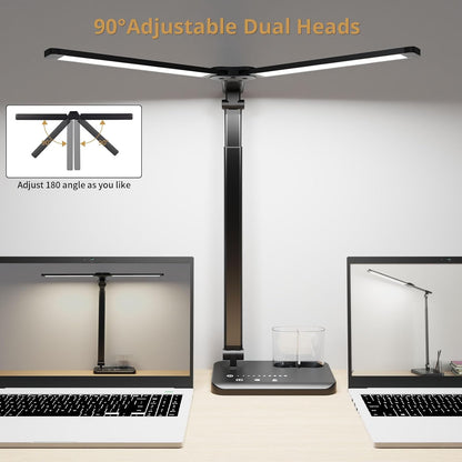 LED Desk Lamp Dual Heads, Dual USB Port, Height Adjustable, 15W