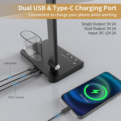 LED Desk Lamp Dual Heads, Dual USB Port, Height Adjustable, 15W
