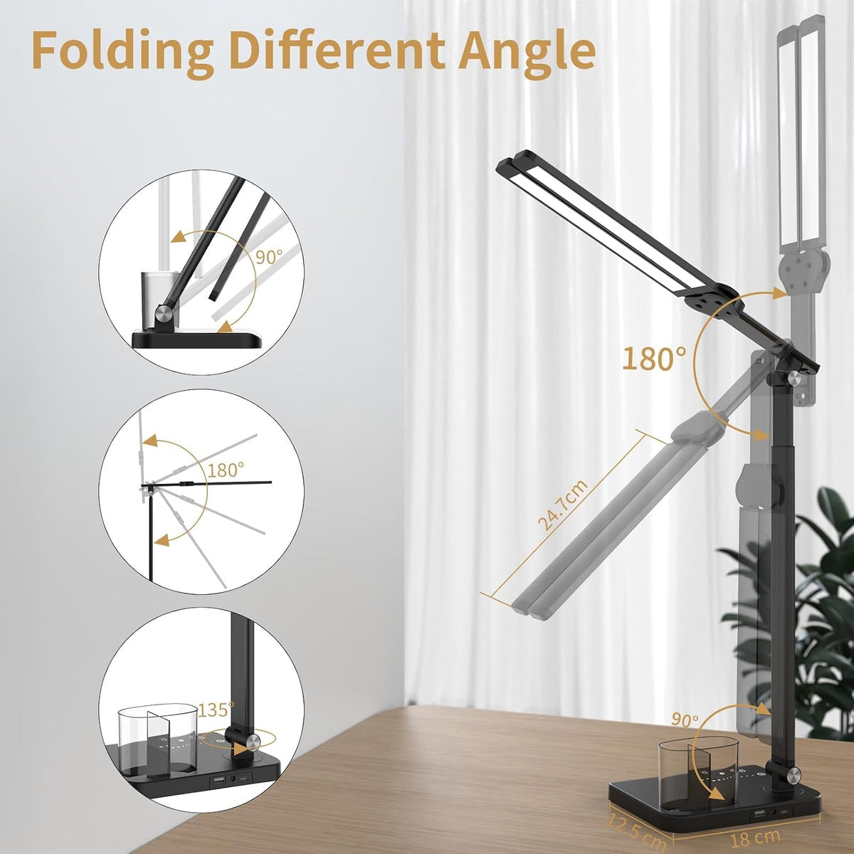 LED Desk Lamp Dual Heads, Dual USB Port, Height Adjustable, 15W
