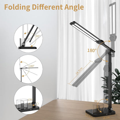 LED Desk Lamp Dual Heads, Dual USB Port, Height Adjustable, 15W