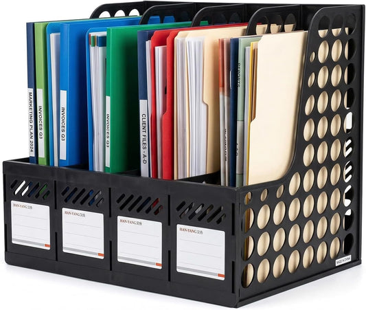 Plastic Magazine File Holder & Desk Organizer, 4 Vertical Compartments File Folder Organizer for Office Classroom Organization, Coloring Book Storage with Sturdy Binder Accessories(Black)