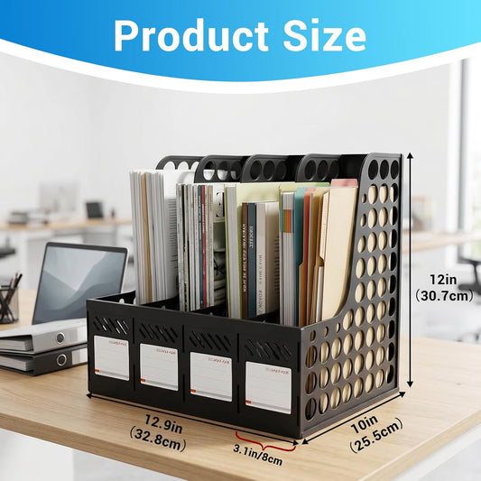 Plastic Magazine File Holder & Desk Organizer, 4 Vertical Compartments File Folder Organizer for Office Classroom Organization, Coloring Book Storage with Sturdy Binder Accessories(Black)