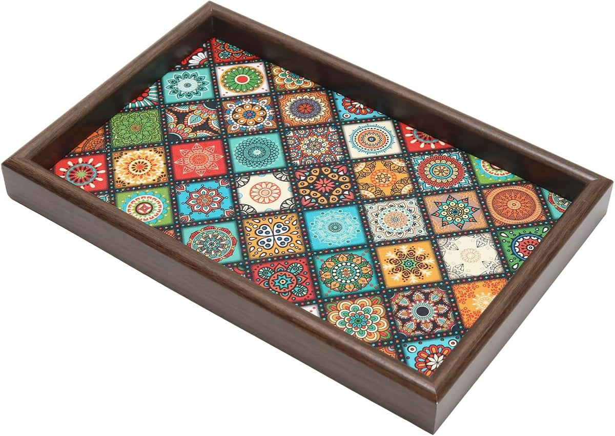 Wooden Valet Tray with Leather Base, Boho 11.8x7.9