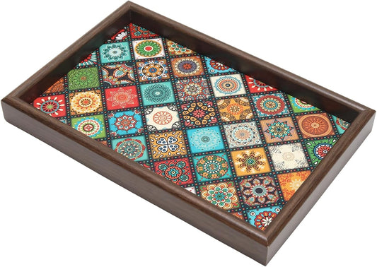 Wooden Valet Tray with Leather Base, Boho 11.8x7.9