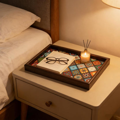 Wooden Valet Tray with Leather Base, Boho 11.8x7.9