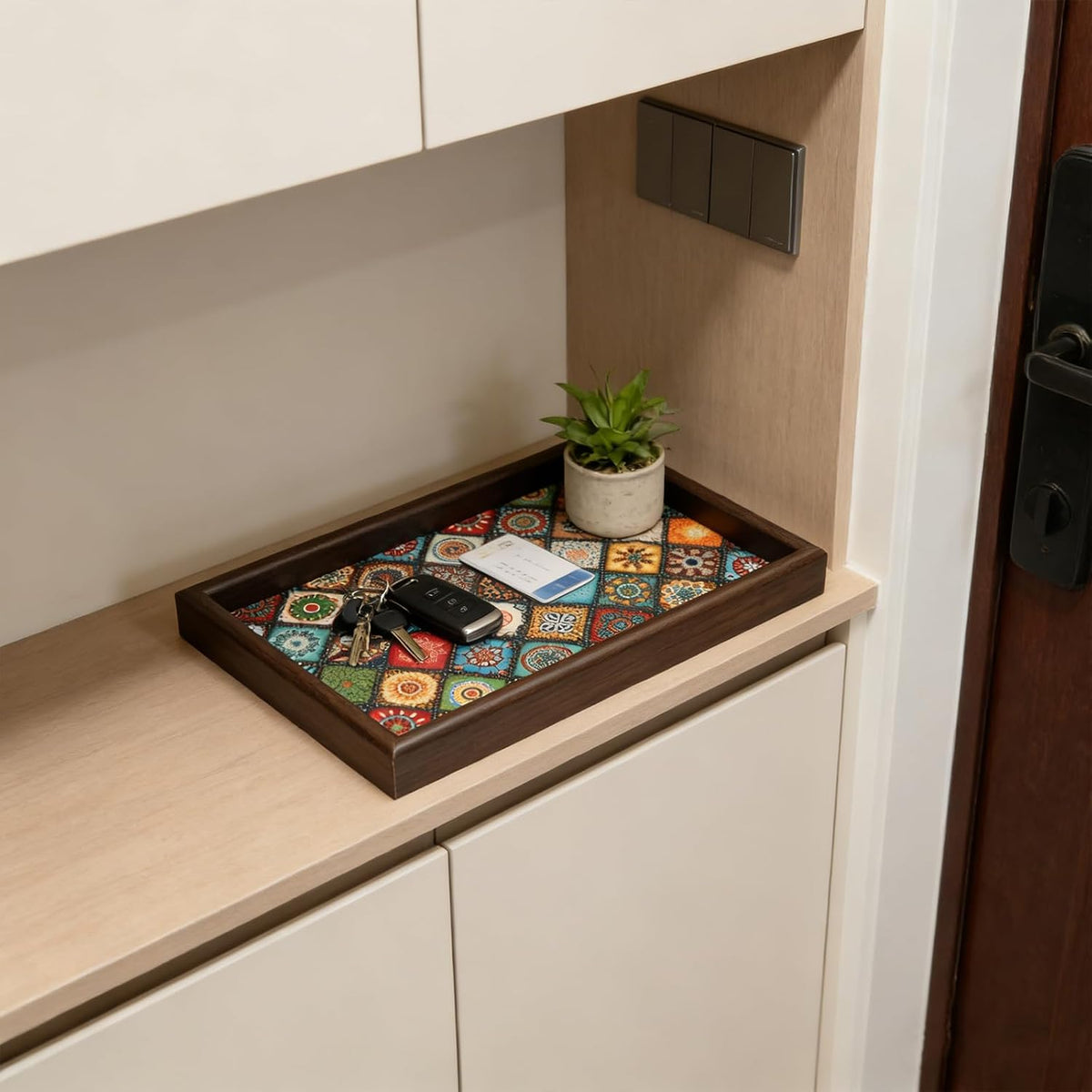 Wooden Valet Tray with Leather Base, Boho 11.8x7.9