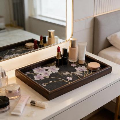 Wooden Valet Tray with Leather Base, Boho 11.8x7.9