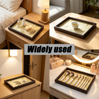 Wooden Valet Tray with Leather Base, Boho 11.8x7.9
