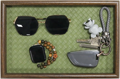 Wooden Valet Tray with Leather Base, Boho 11.8x7.9