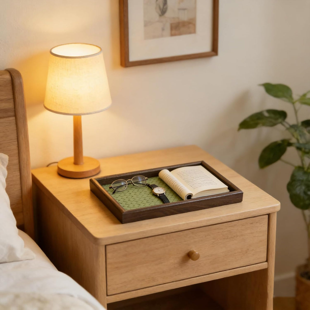 Wooden Valet Tray with Leather Base, Boho 11.8x7.9