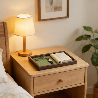 Wooden Valet Tray with Leather Base, Boho 11.8x7.9