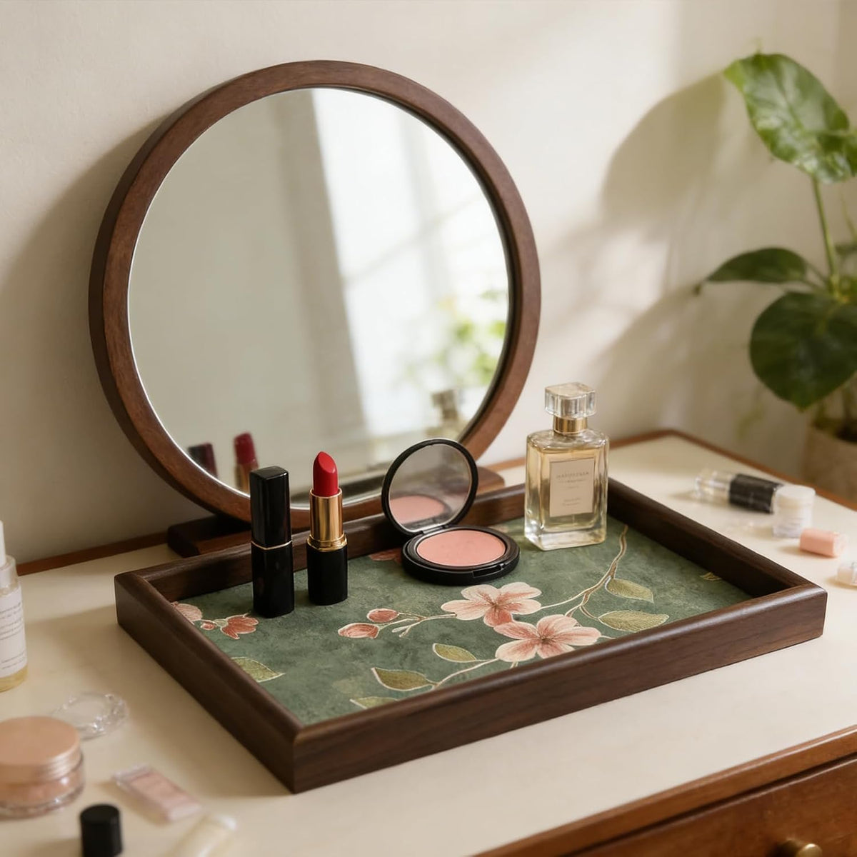 Wooden Valet Tray with Leather Base, Boho 11.8x7.9