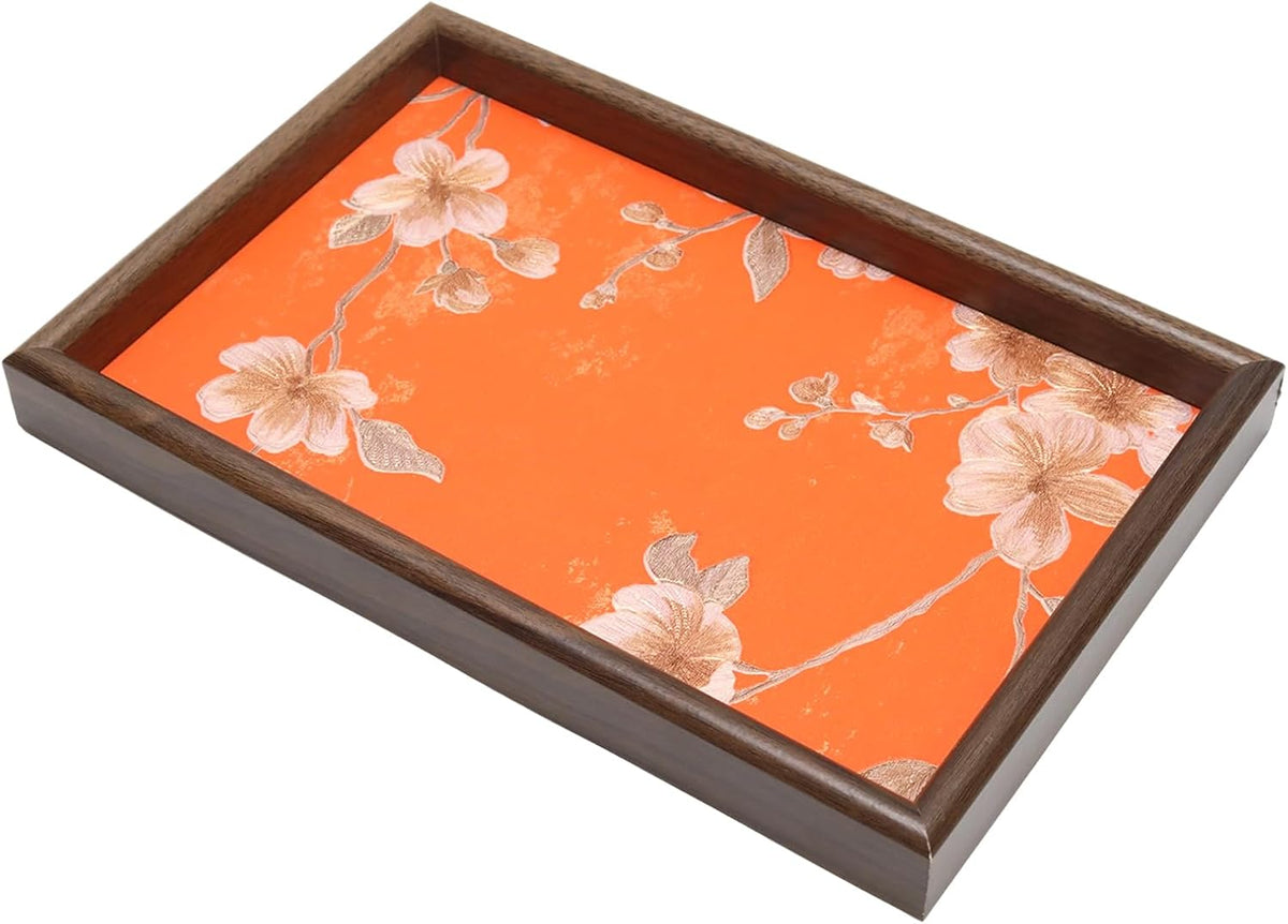 Wooden Valet Tray with Leather Base, Boho 11.8x7.9