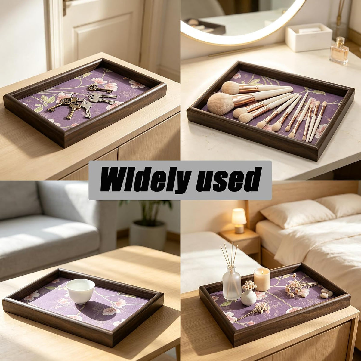 Wooden Valet Tray with Leather Base, Boho 11.8x7.9