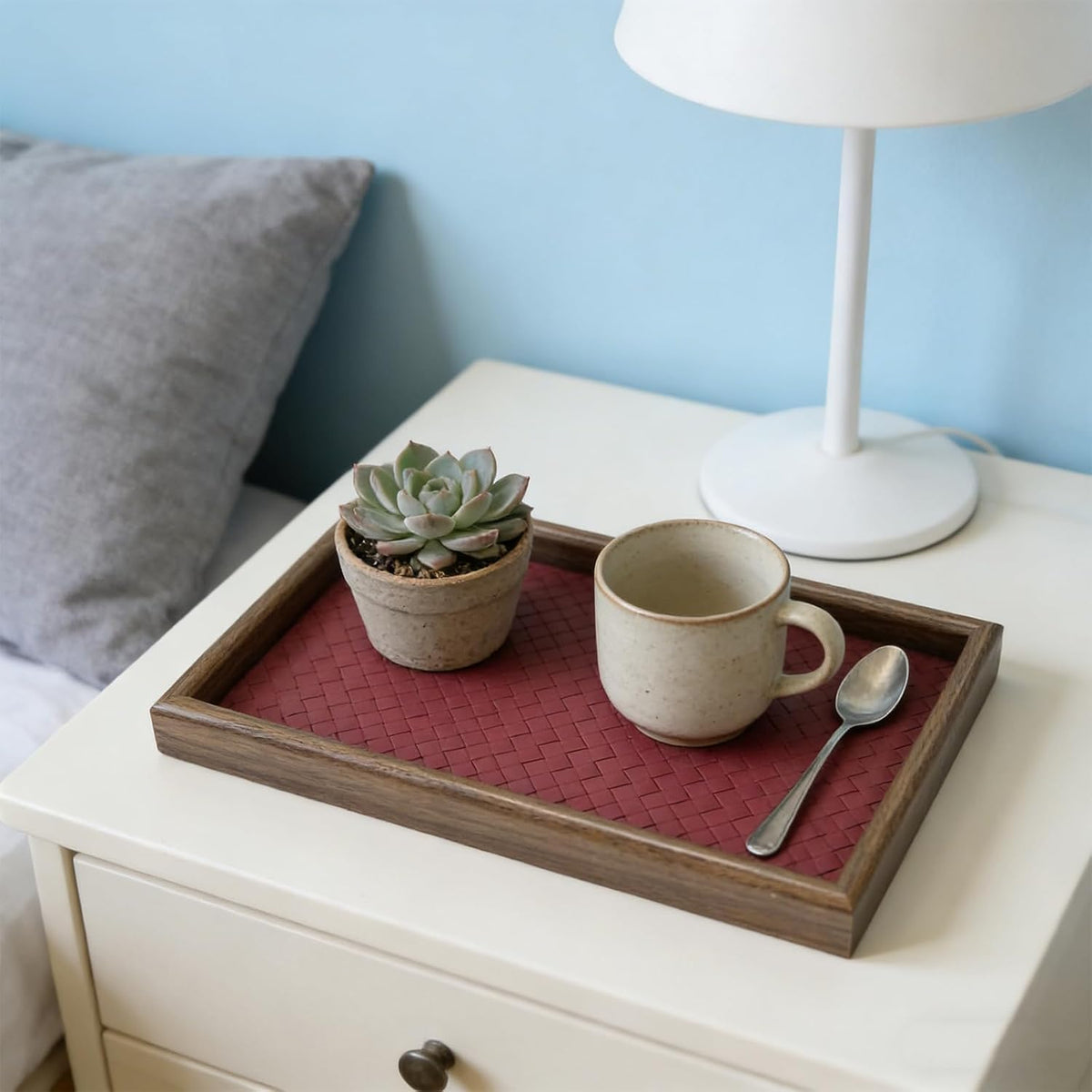 Wooden Valet Tray with Leather Base, Boho 11.8x7.9