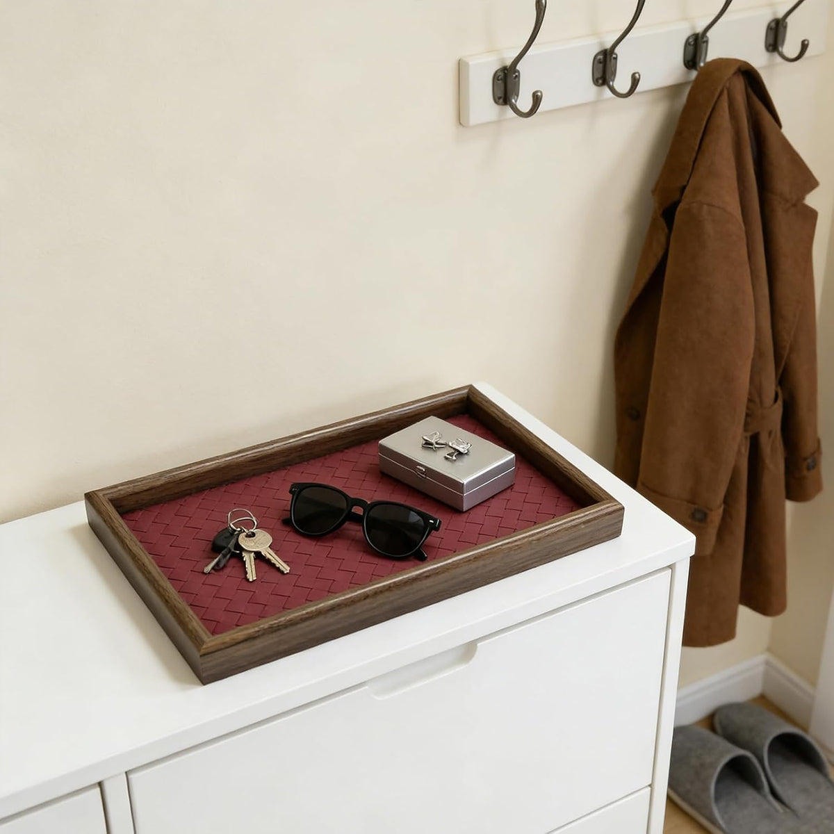 Wooden Valet Tray with Leather Base, Boho 11.8x7.9